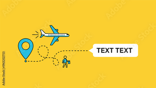 Travel planning and global navigation concept featuring icons for flight, transit, and destination on a bright yellow background.