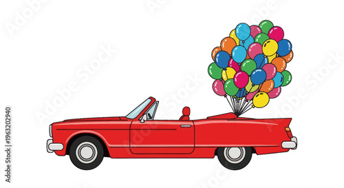 Red Convertible Car with Colorful Balloons.