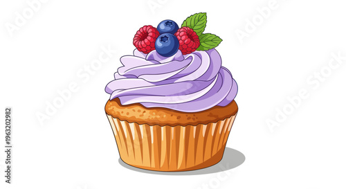 Colorful cupcake with purple frosting berries.