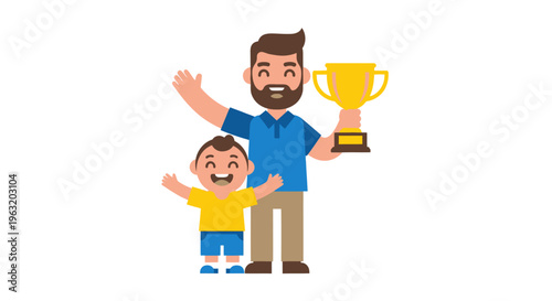 Father and son with trophy celebrating.
