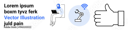 Technology integration, communication, automation, digital connectivity, remote work, innovation. Woman using laptop, robotic arm with signal thumbs-up icon. Technology integration and communication