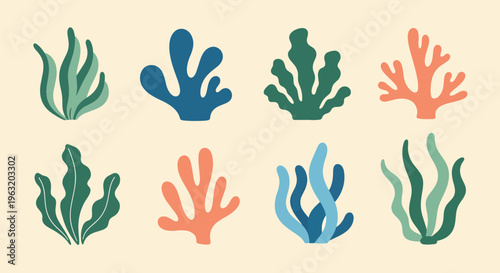 Colorful coral reef elements on beige background