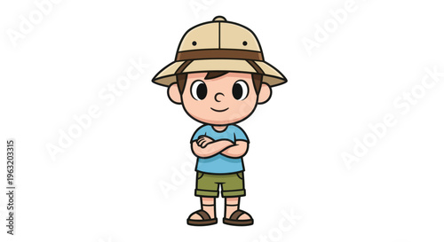 Cartoon boy wearing khaki hat.