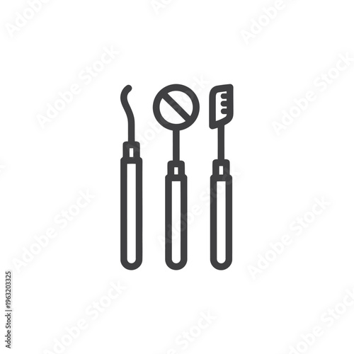 Dental Instruments Line Drawing Representing Oral Examination and Cleaning