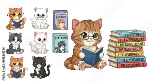 Cartoon cat reading a book.