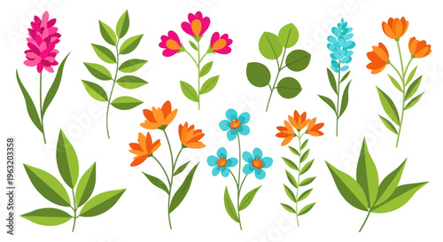 Colorful flowers and green leaves illustration.