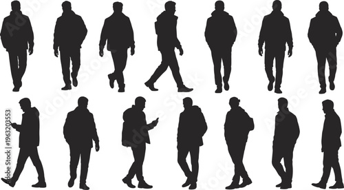 Collection of black silhouettes featuring men wearing jackets walking and using phones isolated on white background for urban lifestyle designs.