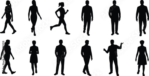Collection of black silhouettes featuring men and women in various poses like walking, running, standing, and gesturing for lifestyle designs.