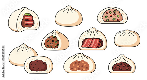 Variety of steamed buns with different fillings on white background