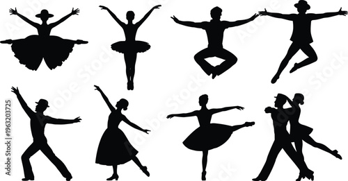 Collection of Dancer Silhouettes Featuring Ballet Ballerinas and Ballroom Dance Couples in Elegant Performance Poses for Stage and Theater Design
