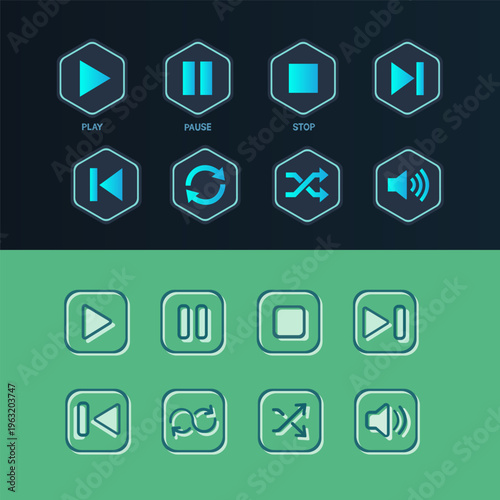Media player buttons set with play pause stop and volume icons. Two styles of futuristic interface elements for audio and video apps