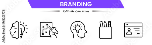 Branding icon set. Containing marketing, product, brand value, design, logo, brand development, social media, advertising and loyal customers icons