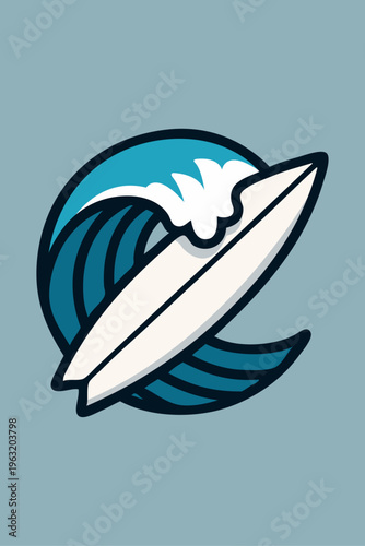 Vacaciones en la playa. Logo club de surf. Dibujo con líneas de una tabla de surf con olas de mar, con relleno de colores, en fondo gris 