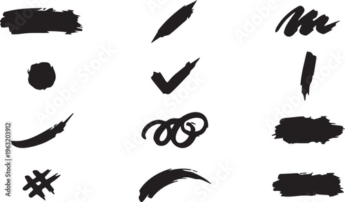 Abstract Black Ink Brush Strokes and Grunge Texture Elements.