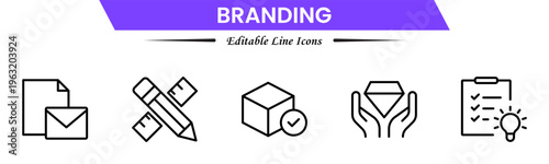 Branding icon set. Containing marketing, product, brand value, design, logo, brand development, social media, advertising and loyal customers icons