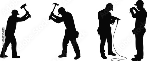 Construction worker silhouettes set with manual laborers using hammer sledgehammer and power drill for industrial building site maintenance and repair