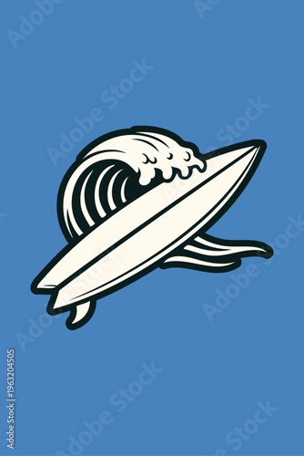 Vacaciones en la playa. Logo club de surf. Dibujo con líneas de una tabla de surf con olas de mar, con relleno blanco, en fondo azul 