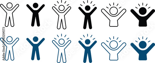 Set of human figure icons with raised arms in celebration or excitement, featuring outline, solid black, and blue versions with optional radiant halo effect above head.