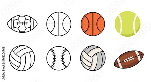 Collection of various sports balls icons on white background