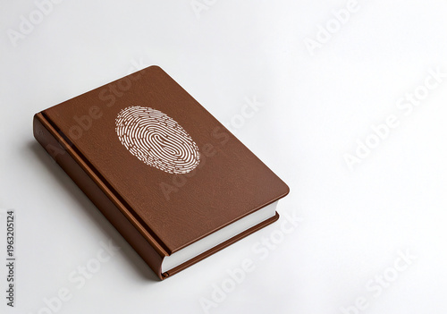 Libro marron con huella digital en portada sobre fondo neutro, concepto de derechos de autor, propiedad intelectual, creatividad, protección legal y valor del trabajo creativo