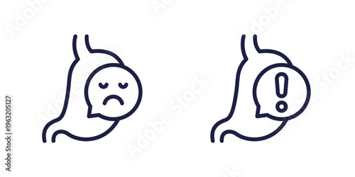 digestion problems icons with stomach, line pictograms on white