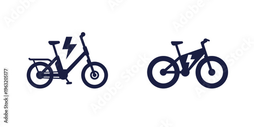 Electric bicycle icons, vector pictograms of electric bike on white