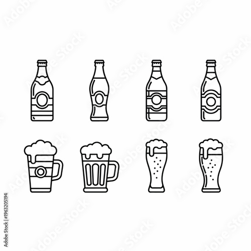 Set of beer bottles and glasses with froth line art style