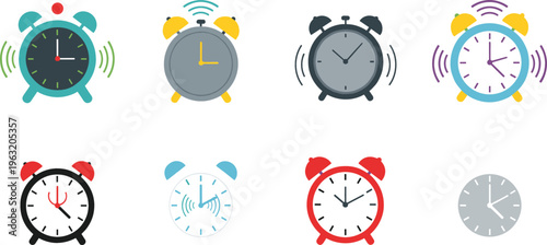 Alarm Clock Icon Set with Different Styles and Colors Showing Time Alerts, Wake Up Concepts, and Notification Symbols for Apps and User Interfaces