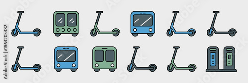 Sustainable transport and scooter sharing icons – Suitable for shared mobility, bike lanes, and urban transit design.