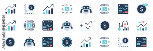 Algorithmic trading and fintech analytics icon sheet – Ideal for high-frequency finance, stock market apps, or trading bot sites.