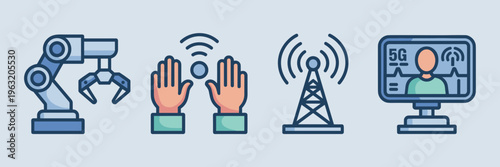 Remote surgery and 5G telehealth robotics icons – Ideal for medical innovation news, remote healthcare apps, or surgical tech blogs.