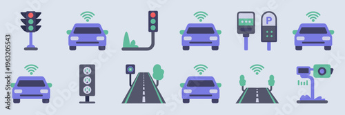 Autonomous traffic and digital city management icons – Suitable for sustainable transport blogs, urban tech reports, or smart car news.