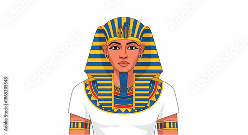 Ancient Egyptian pharaoh with colorful headdress and makeup