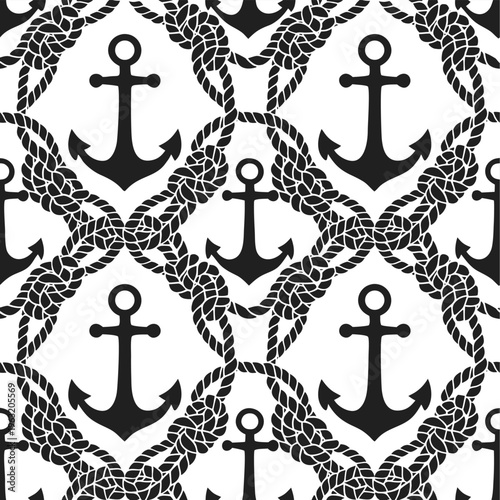 Seamless Nautical Anchor Pattern with Rope Silhouette; Minimalist Black and White Marine Vector Background for Coastal Branding, Textile, and Summer Apparel Design