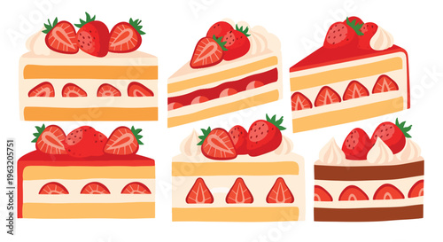 Variety of strawberry cakes with different frosting and toppings