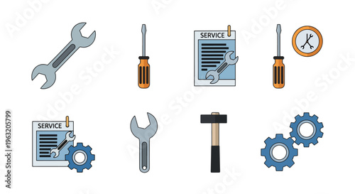 Collection of tools and service icons for repair and maintenance