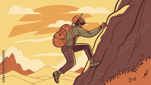 Rock Climber Gripping Mountain At Sunset, Focus On Hands And Feet