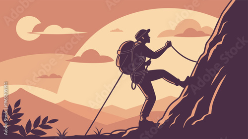 Mountaineer Silhouette Climbing Rocky Peak Against Vibrant Sunset Sky