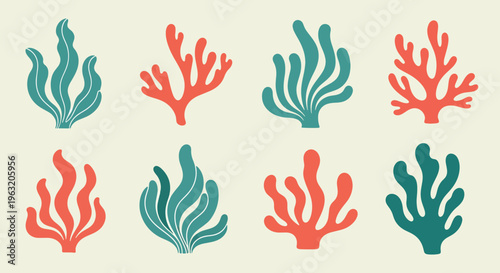 Colorful coral reef icons in red and green on beige background