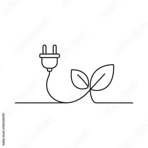 Electric Power Plug Cable with Two Leaves One Line Continuous Art Eco Green Renewable Energy Concept Transparent Background