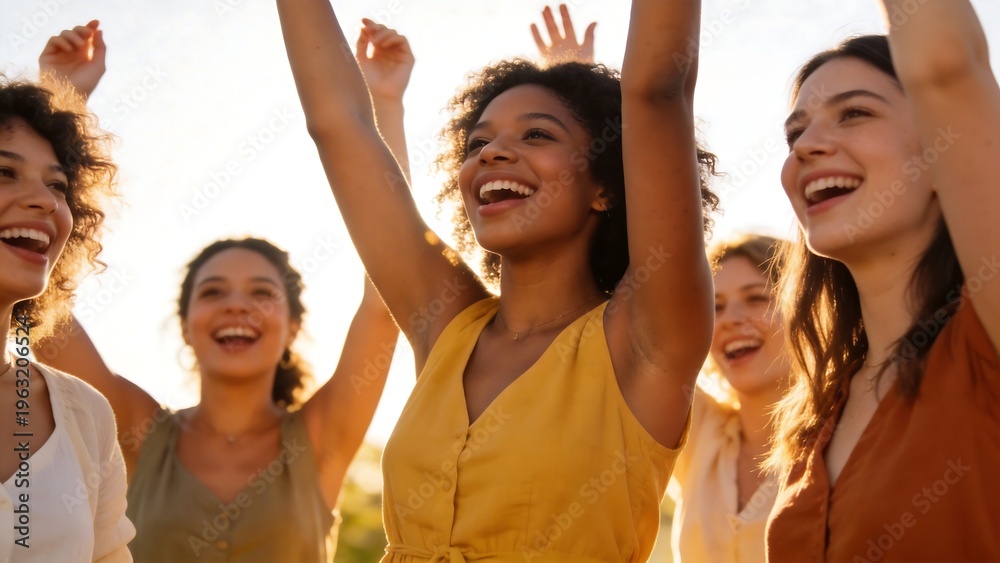 Fototapeta premium group of women raising arms outdoors