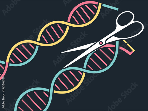 Vector illustration of gene editing concept using CRISPR technology, DNA strand being cut and modified, modern biotech theme, neon colors, dark background