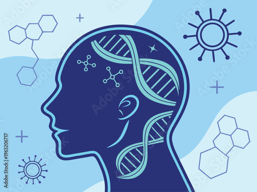 Creative vector of human silhouette filled with DNA strands and genetic symbols, glowing lines, futuristic medical concept, blue tones