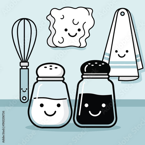Cartoon kitchen utensils and condiments with smiling faces