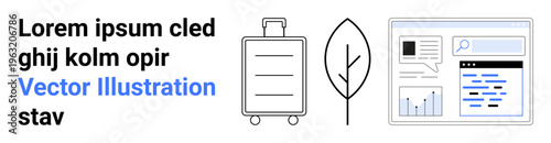Business operations, eco-friendly practices, travel planning, design layouts, web analytics, and online tools. A suitcase, leaf symbol and browser interface. Business operations and eco-friendly