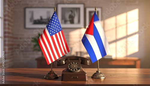 U.S. and Cuban flags with rotary phone