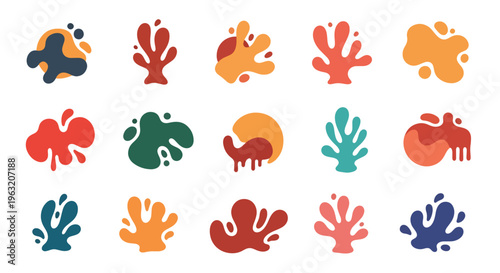 Coral reef icons in various colors on white background