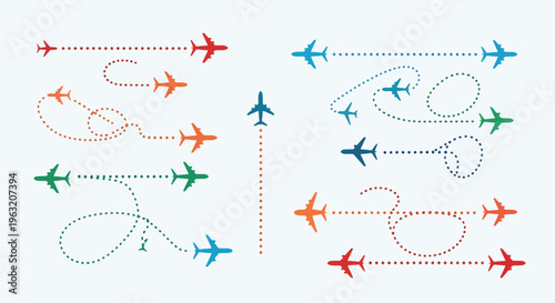 Airplane flight paths in different colors on a white background