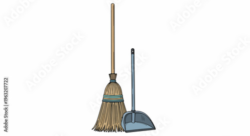 Broom and dustpan standing together on a plain background