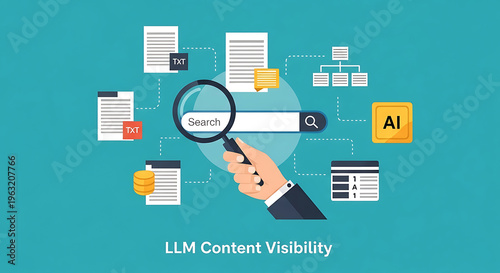 A hand holding a magnifying glass searches through various digital documents and icons on a blue background for LLM content visibility.